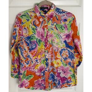 Lauren Ralph Lauren Multicolor Floral Linen Shirt – Size L – Button-Up Blouse